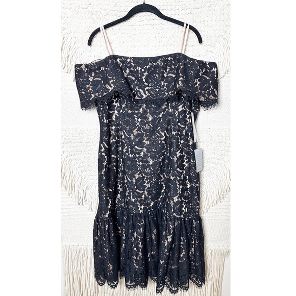 ELIZA J black floral lace off the shoulder flounce hem midi dress 12 NEW - Picture 1 of 9